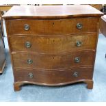 George III crossbanded mahogany serpentine front chest of four drawers on bracket feet. 97cm wide.