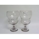 Pair of large early 19th century glass wine coolers or vases, the ogee half faceted bowls on