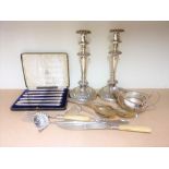 Pair of Old Sheffield table candlesticks with tapering stems, 29cm; a pair of fish servers & other