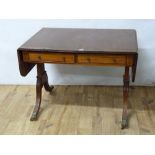 Reproduction crossbanded mahogany sofa table, the drop flap top above two frieze drawers, false