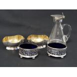 Silver mounted glass whisky tot, Birmingham, 1906; a pair of oval lobed salts & another pair pierced