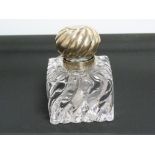 Victorian glass inkwell of square form with wreathen twist reeded body & silver top, Birmingham,