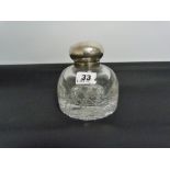 Circular domed glass inkwell with hobnail cut base & silver top (detached), with engraved crest,