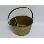 Victorian circular brass jam pan, 31.5cm diam. with small Salter spring balance & hessian weighing