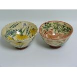 Two studio pottery bowls with hand painted floral decoration, one with rudbeckia & lavender, 19cm