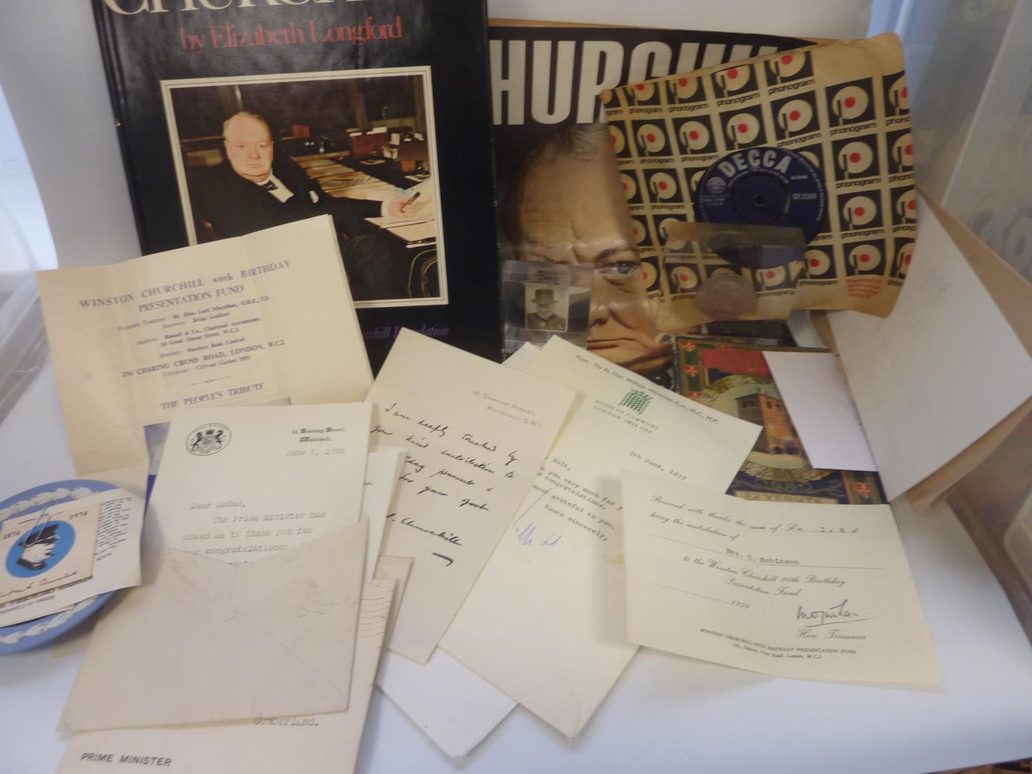 CHURCHILL W. S.  A collection of ephemera incl. coins, a Wedgwood pin tray & various other items