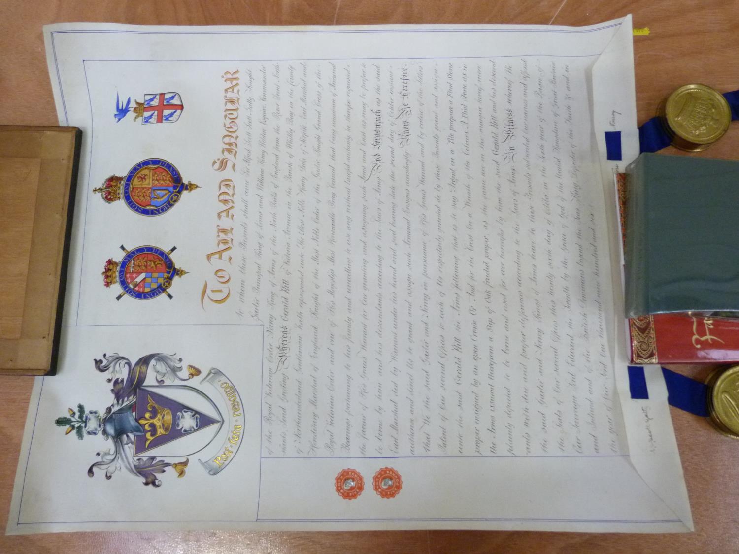 COLLEGE OF ARMS.  Signed illuminated manuscript Grant of Arms on vellum to Gerald Hill, with two