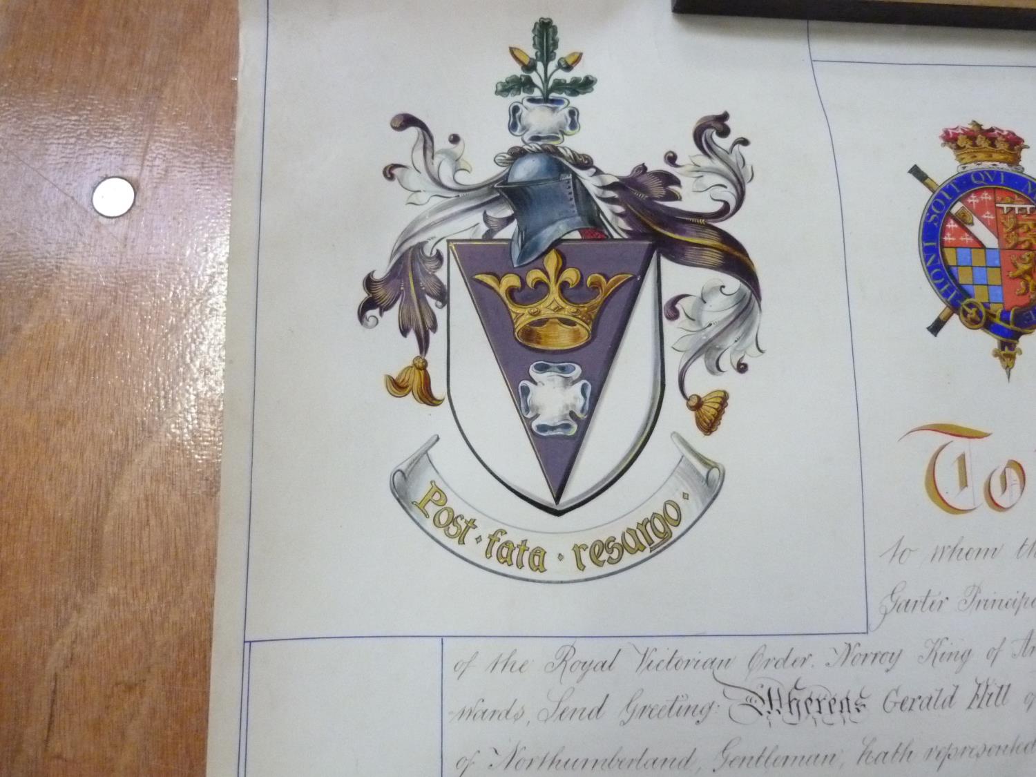 COLLEGE OF ARMS.  Signed illuminated manuscript Grant of Arms on vellum to Gerald Hill, with two - Image 3 of 3