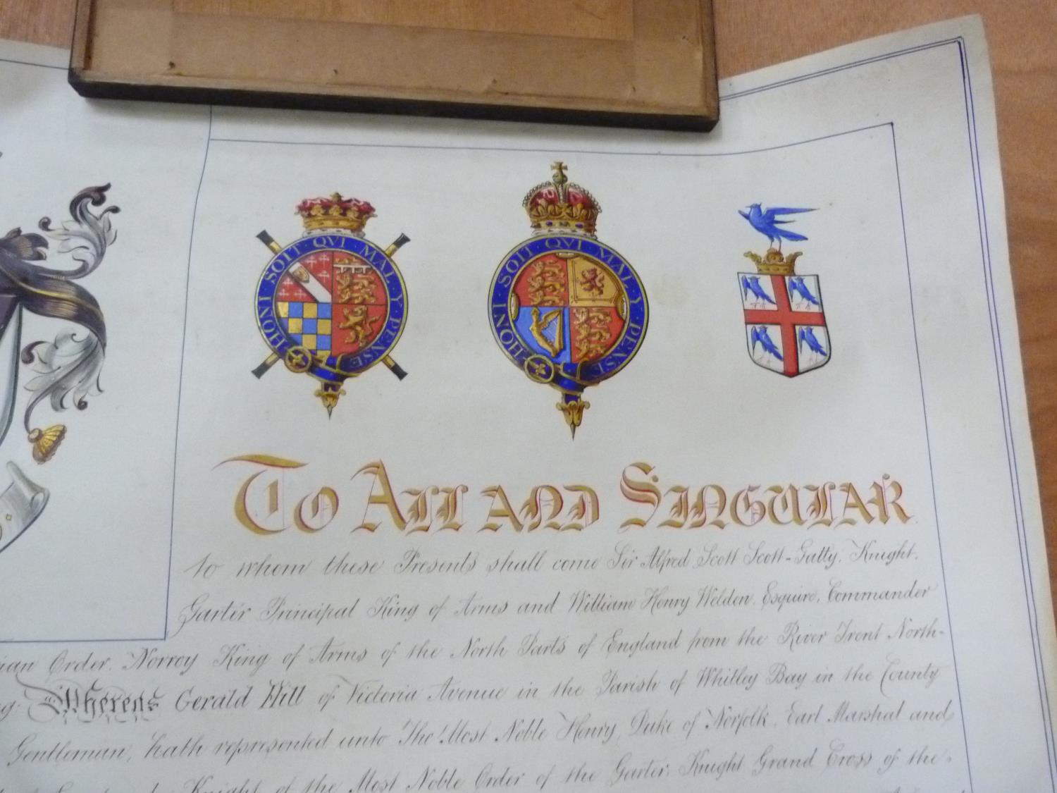 COLLEGE OF ARMS.  Signed illuminated manuscript Grant of Arms on vellum to Gerald Hill, with two - Image 2 of 3