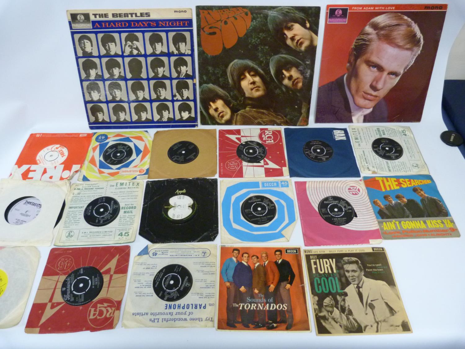 2 x Beatles LP's (Rubber Soul and A Hard Day's Night) an Adam Faith LP and 15 Uk singles including 9