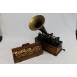 Edison Home Phonograph, Type 3, No. H34905, in oak case with metal horn, and a collection of