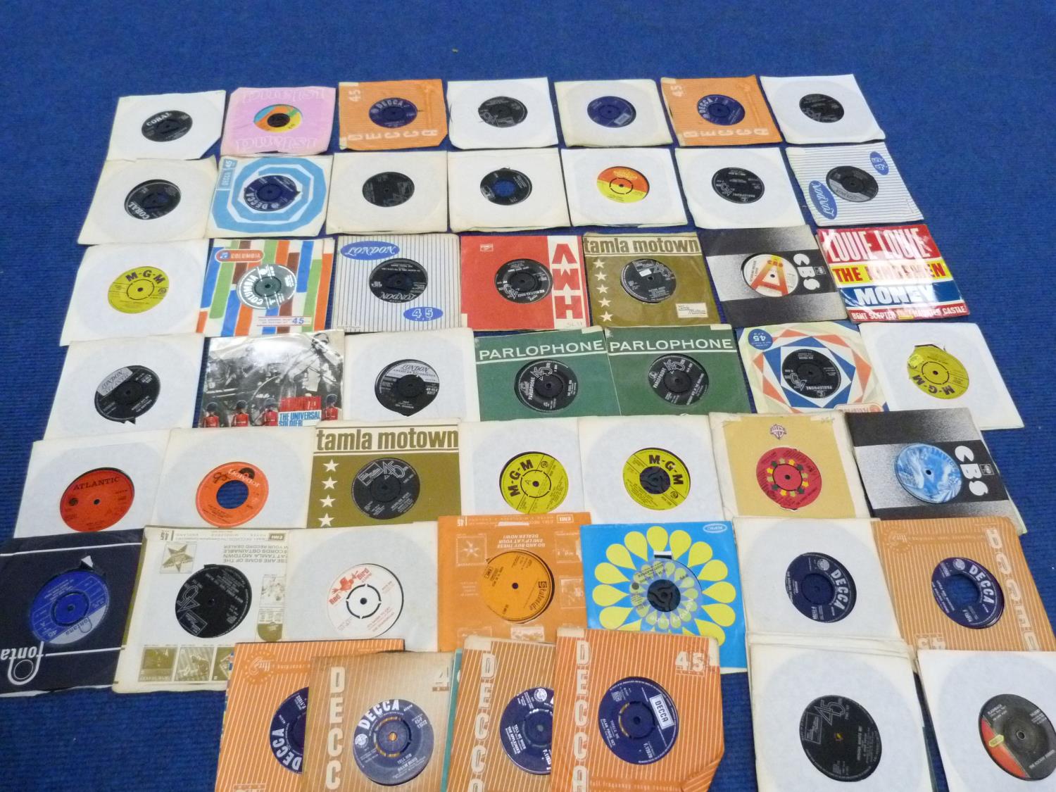 60+ MAINLY 1960'S SINGLES - MANY IN COMPANY SLEEVES. INCLUDING THE WHO, ROLLING STONES AND THE