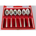 Set of six silver and enamelled coffee spoons with bird decoration by S J Rose & Son and WWG & S,