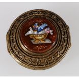 Italianate circular alloy box decorated with two micromosaic vignettes, one depicting four birds