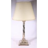 Unhallmarked Victorian silver colour white metal candlestick electric table lamp in the Adams style,