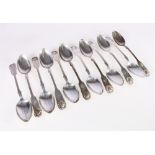 Set of eleven Victorian silver tea spoons of fiddle pattern by James Wright, 1866 Edinburgh, 226g.