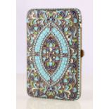 Russian silver, filigree and enamelled cigarette case, decorated with blues and greens, stamped 84