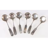 Set of six early 19th century Scottish provincial silver toddy ladles of fiddle pattern with