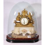 19th century French drum mantle clock with figure surmount, raised on an alabaster stand under dome,