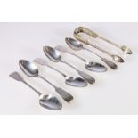 Set of six Victorian silver tea spoons of fiddle pattern and set of sugar tongs with scallop bowls