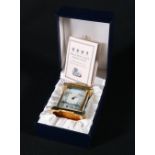 Halcyon Days Enamels miniature carriage clock decorated with river scene, 10cm tall, with box.