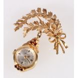 9ct yellow gold nurses type brooch watch by Rotary with 21 jewel movement set with six rubies on a