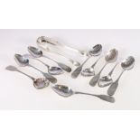 Set of ten George IV silver teaspoons of fiddle pattern and tongs with shell bowls by maker JA, 1833
