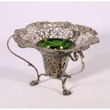 Edward VII Art Nouveau silver vase with twin-handles, fruiting vine border, pierced body and green