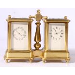 19th century miniature carriage clock barometer with silvered dials in brass case raised on turned