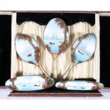 Silver and enamelled five piece dressing table set decorated with Venetian scene, import marks for