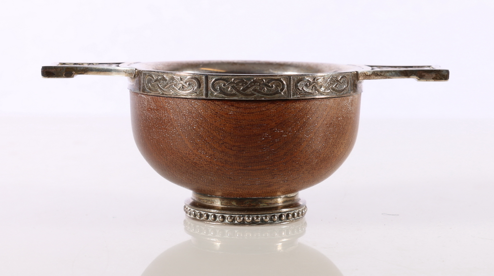 Elizabeth II silver mounted turned treen quaich by R L Christie (Robert Livingstone Christie),