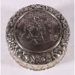 Edward VII Art Nouveau silver lidded cut-glass bowl, the lid decorated with classical figures,