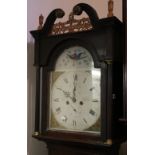 19th century oak cased longcase grandfather clock having arched top dial with painted spandrels,