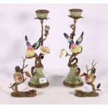 Pair of Chinese porcelain metal mounted candleholders decorated with birds and flowers, 35cm tall,