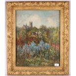 Unknown Artist Figure in a garden before a church Indistinctly signed oil on canvas 49cm x 30cm