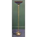 Brass and leaded glass Tiffany style uplighter, 175 cm tall.
