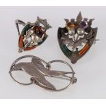 Shetland silver bird brooch, Scottish pebble set thistle brooch and a similar ring, (3)