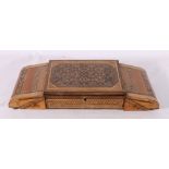 Tunbridgeware treen musical sewing box with twin drawers, 40cm wide