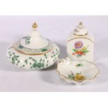 Meissen style continental porcelain tea bottle and cover, 9cm tall, Meissen style squat pot vase and