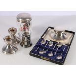 Contemporary silver inkwell, a pair of silver dwarf candlesticks, silver lidded cut glass toilet