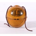 Mauchline ware spherical treen string box with transfer printed vignette of Rothesay Castle, 8.5cm