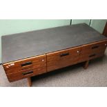 Second half of the 20th century teak and black leathered desk or side table with five drawers, 150cm