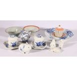 A group of Royal Copenhagen porcelain items including two crackle ware bowls, blue and white wares