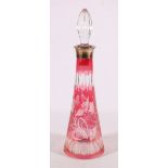 Contemporary cranberry flash cut glass decanter and stopper with silver rim, makers mark MC,