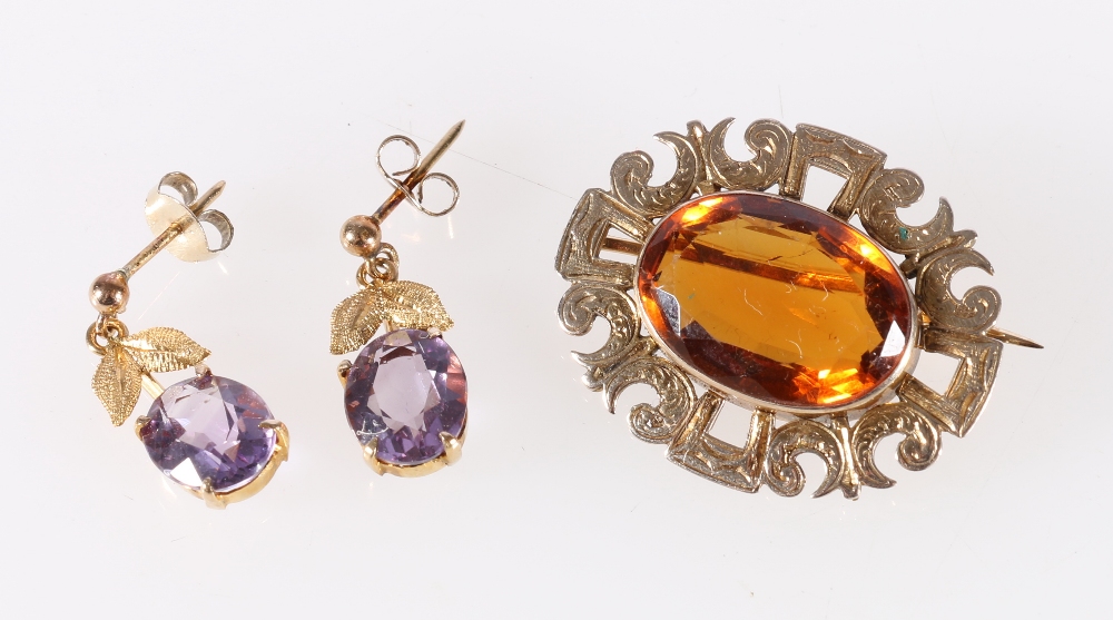 Pair of 9ct gold pendant earrings set with facted amethyst stones, 2.3g and a gilt metal mounted