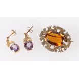 Pair of 9ct gold pendant earrings set with facted amethyst stones, 2.3g and a gilt metal mounted