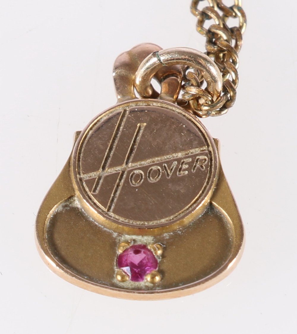 10K stamped 'Hoover' pendant set with ruby on rolled gold chain. - Image 2 of 2