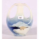 Porsgrund of Norway twin handles porcelain flask vase with polar bear decoration, 24cm tall