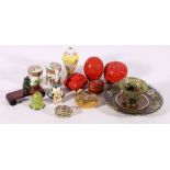 Chinese contemporary items including three cinnabar boxes, cloisonne dish, cup bell etc., interior