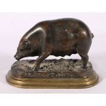 After Jules Moigniez Bronze model of a pig on stepped based, the base bearing signature.